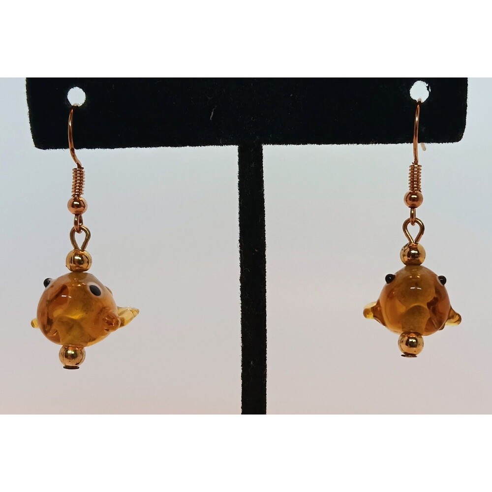 Vintage Handmade Yellow Lampwork Glass Puffer Fish Hook Earrings 1.5 in